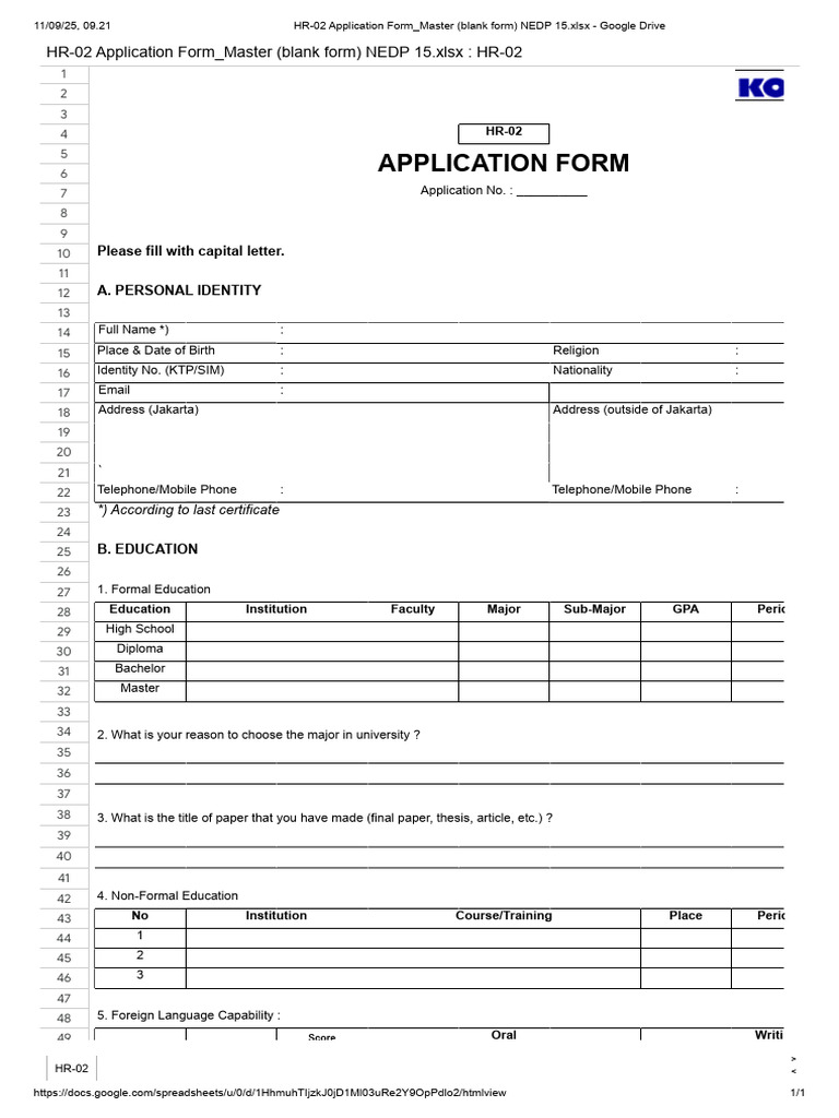 HR-02 Application Form - Master (Blank Form) NEDP 15.Xlsx - Google 1 | PDF