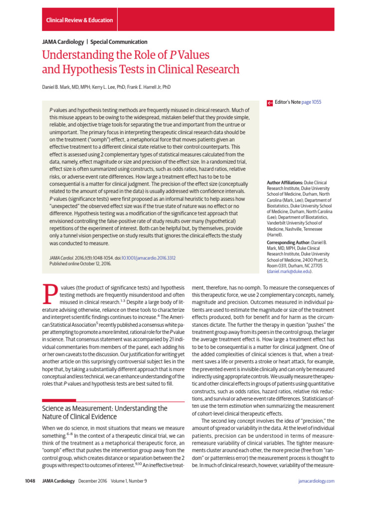 Understanding Role P Values Hypothesis Tests Clinical Research | PDF ...