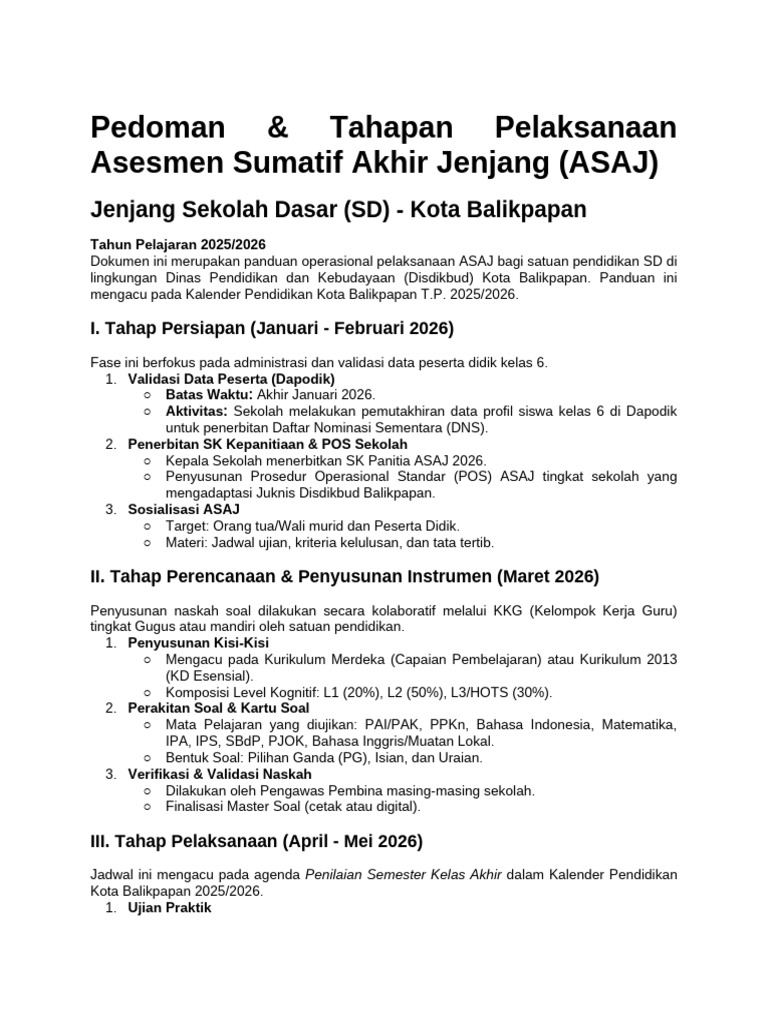 Tahapan Pelaksanaan ASAJ SD Balikpapan | PDF
