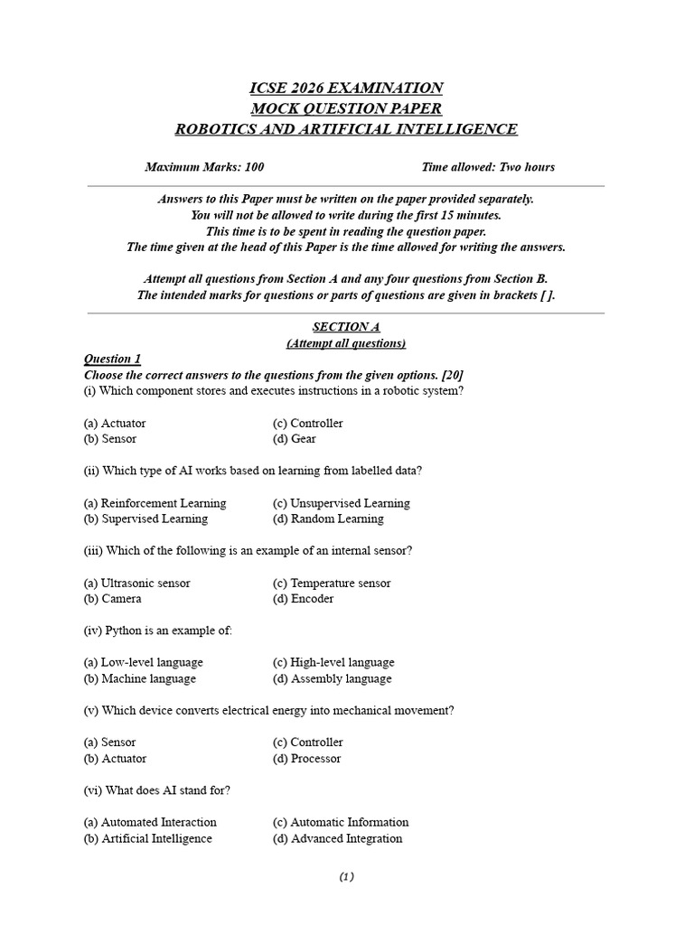 Mock Test Paper Robotics and Ai | PDF | Artificial Intelligence ...