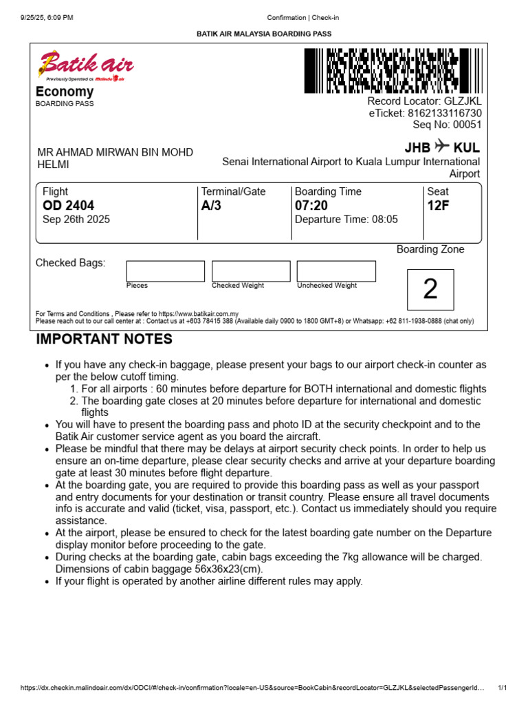 Confirmation - Check-In JB KL | PDF | Aviation