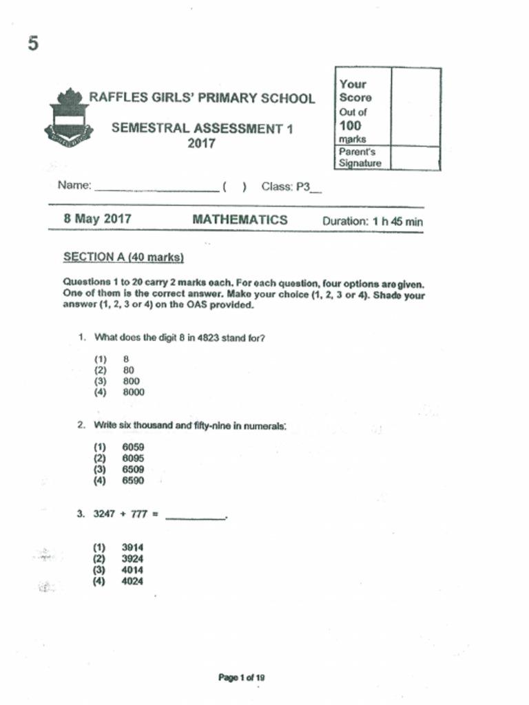 2017 Primary 3 Math 5 | PDF