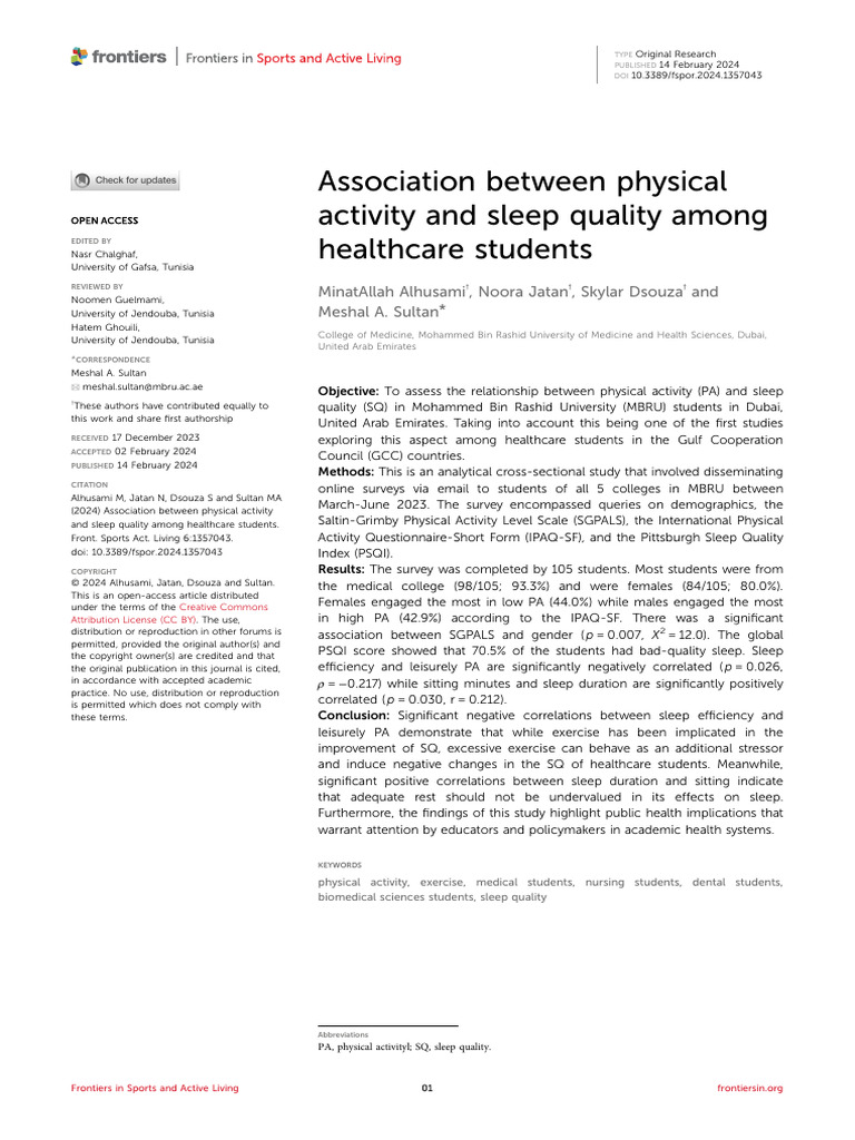 Association Between Physical Activity and Sleep Quality Among ...