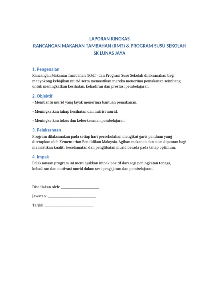 Laporan Ringkas RMT Dan Program Susu SK Lunas Jaya | PDF