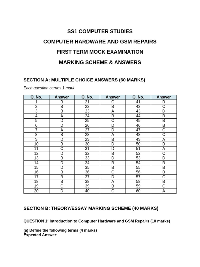 SS1 Computer Studies Marking Scheme | PDF | Peripheral | Computer Hardware