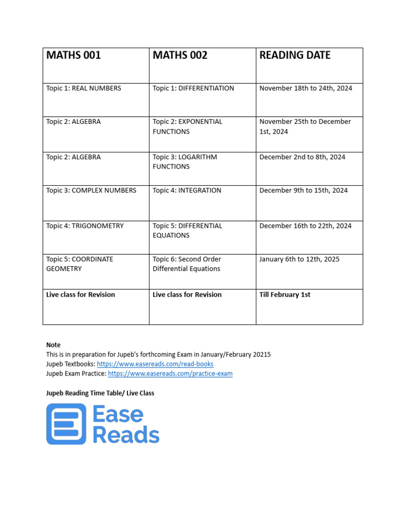 MATHS Jupeb Reading Time Table | PDF