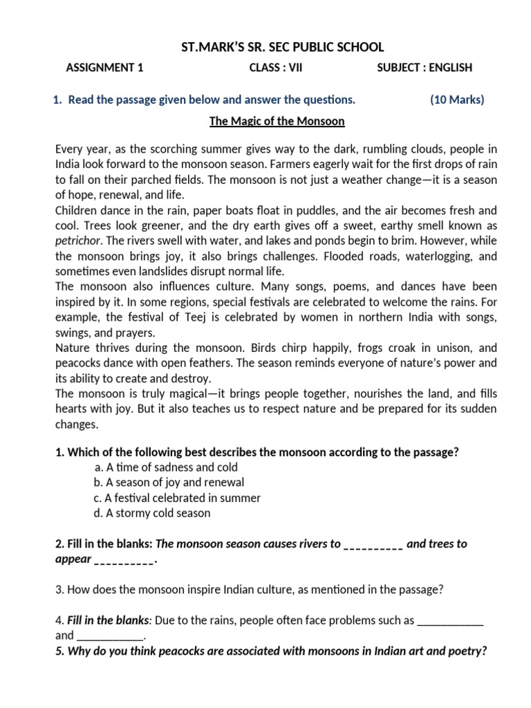 English Assignment 1 Class Vii | PDF