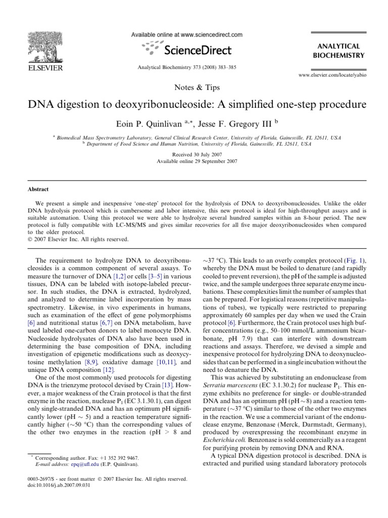 DNA Digestion To Deoxyribonucleoside A Simplified One-Step Procedure ...
