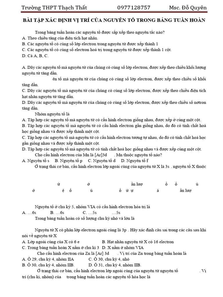 Hs L1-Bai Tap Xac Dinh Vi Tri Cua Nguyen To Trong BTH | PDF