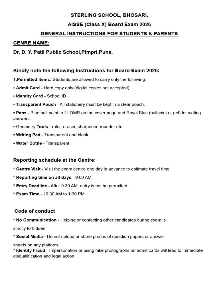 Instructions For Class X Board Exam 2026 | PDF