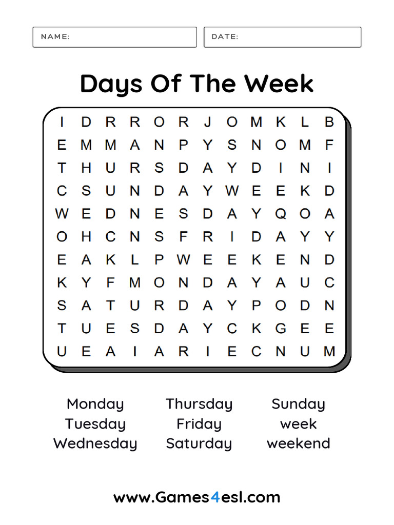 Days of The Week Word Search | PDF