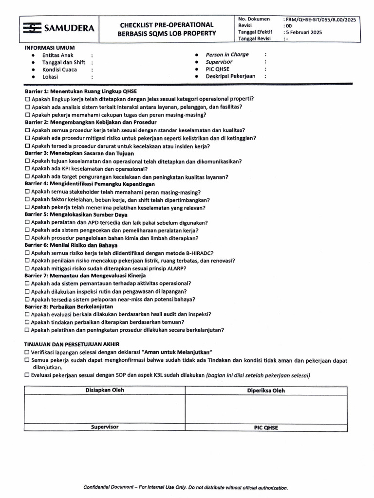 Checklist Pre Operational | PDF