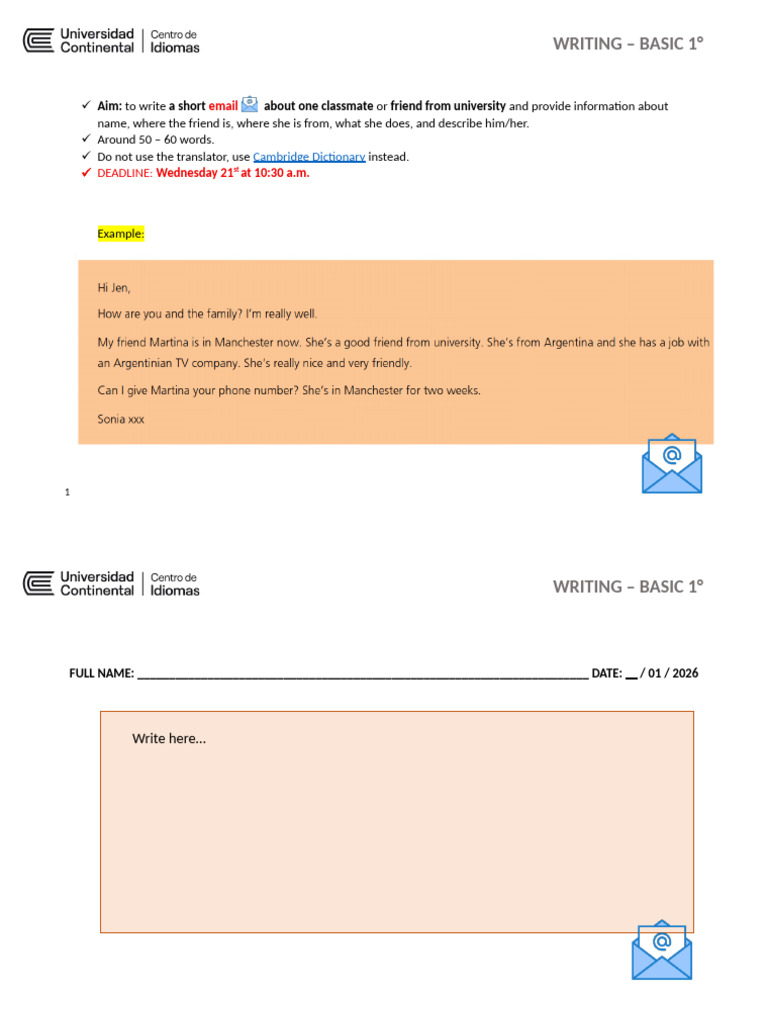 Basic 1° - Writing Test | PDF