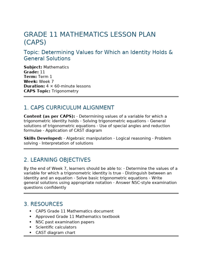 Grade 11 Lesson Plan Term 1 Week 7 - Trigonometric Identities and ...