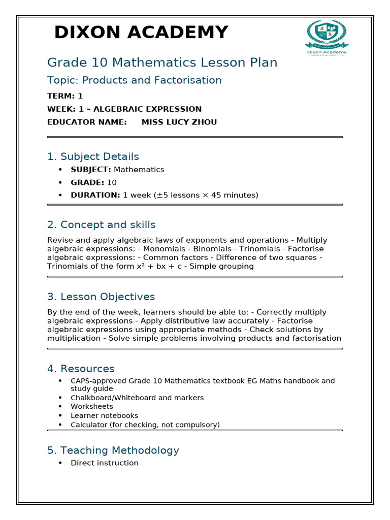 Grade 10 Lesson Plan - Term 1 Week 1 | PDF | Factorization | Multiplication