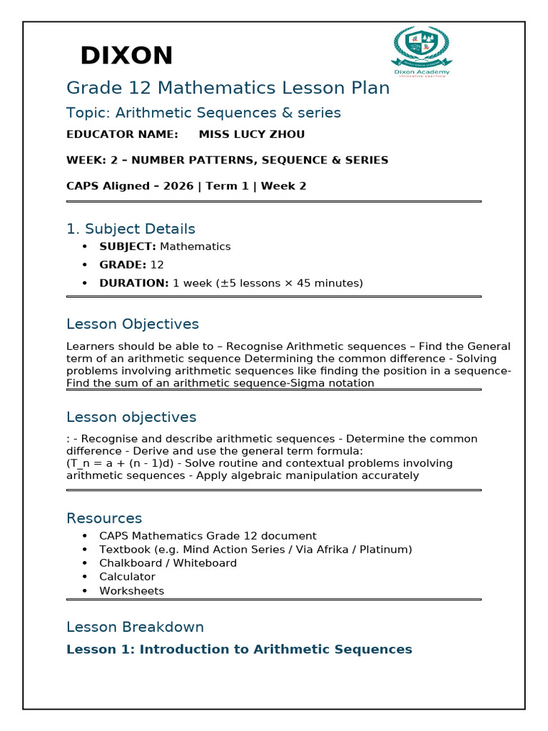 Grade 12 Lesson Plan Week 2 Term 1 | PDF | Arithmetic | Mathematics