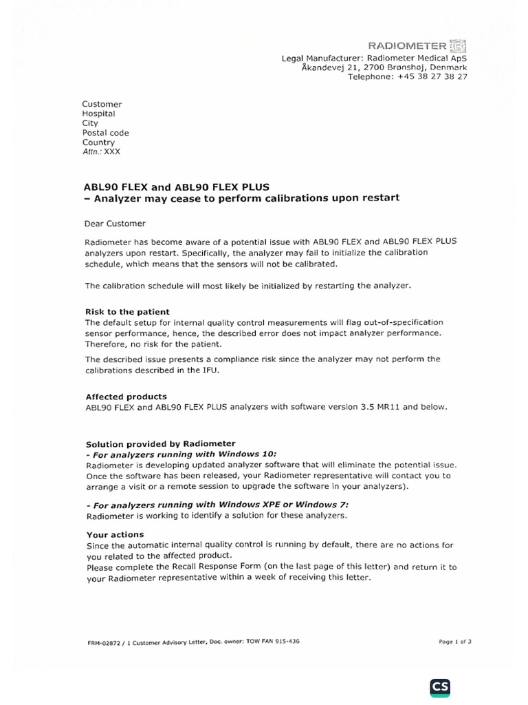 RADIOMETER Field Action Notice | PDF