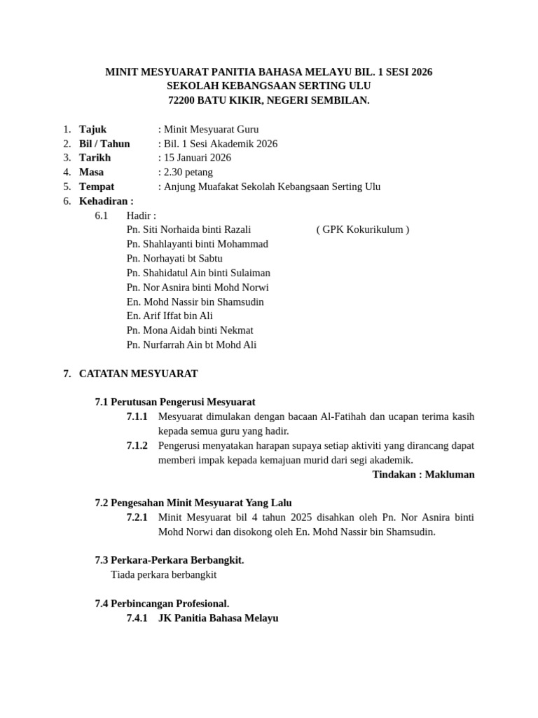 Minit Mesyuarat BM Bil 1 2026 | PDF