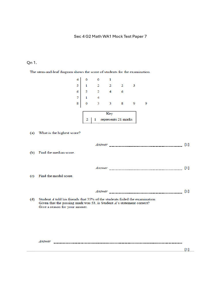 Sec 4 G2 Math WA1 Mock Test Paper 7 | PDF