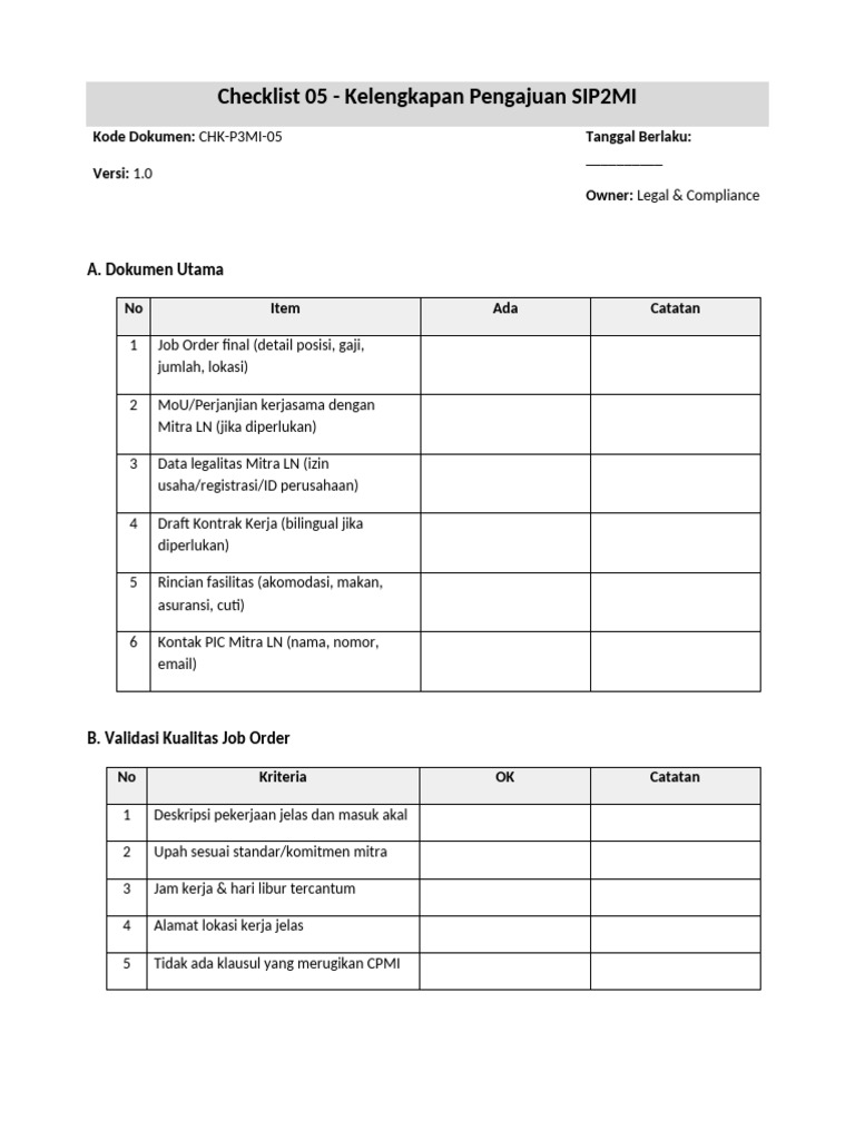 Checklist 05 - Kelengkapan Pengajuan SIP2MI | PDF