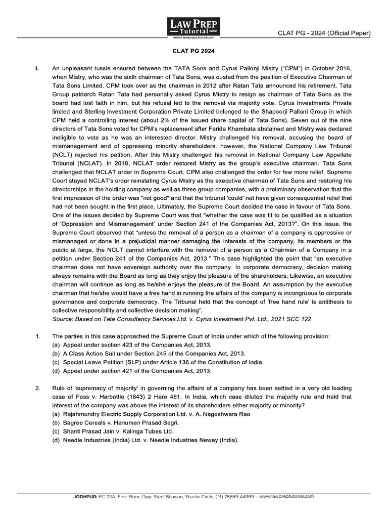 CLAT PG - 2024 (Official Paper) | PDF