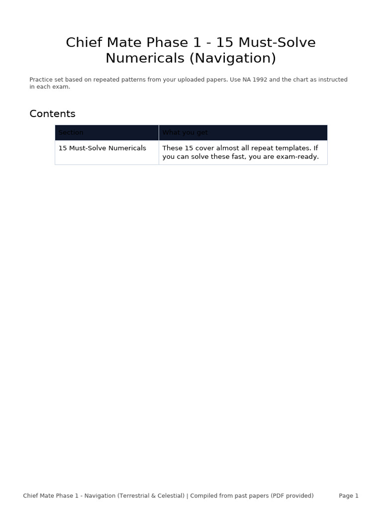 Chief Mate Phase1 15 Must Solve Numericals | PDF | Latitude | Navigation