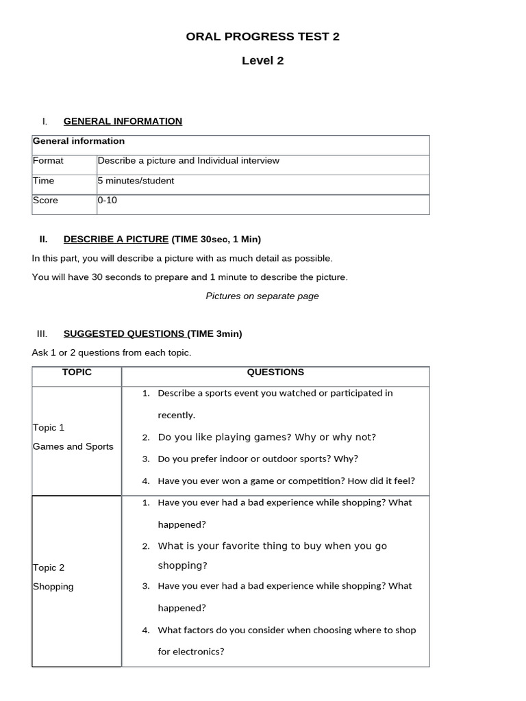 BIFA 10 Speaking Progress Test 2 Level 2 | PDF