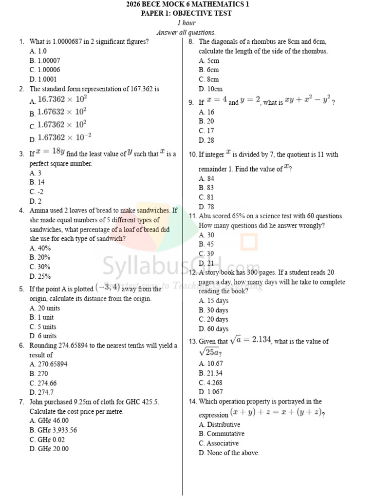 2026 Bece Mock 6 Mathematics 1 | PDF | Area | Elementary Geometry
