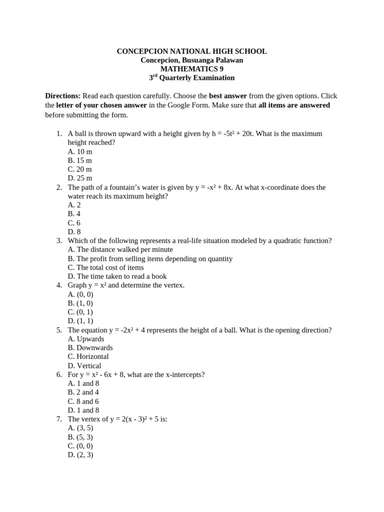 Math9 Q3 Quarterly Exam 25ITEMS | PDF | Vertex (Graph Theory ...