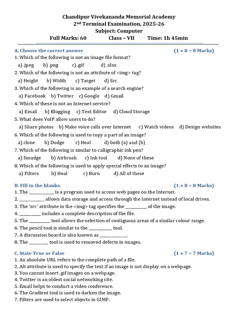Class 7 Computer Question Paper | PDF | Tag (Metadata) | Computing
