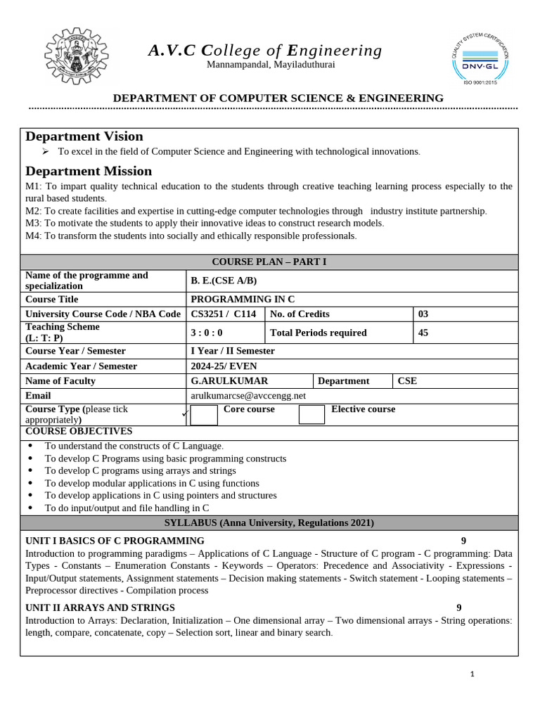 Cs 3251 Programming in C Lesson Plan For Ga | PDF | Pointer (Computer ...