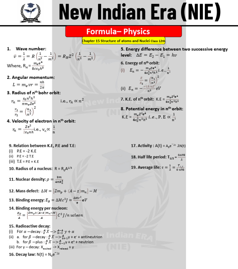 Formula Chapter 15 Structure of Atom 12th | PDF | Atomic Nucleus | Atoms