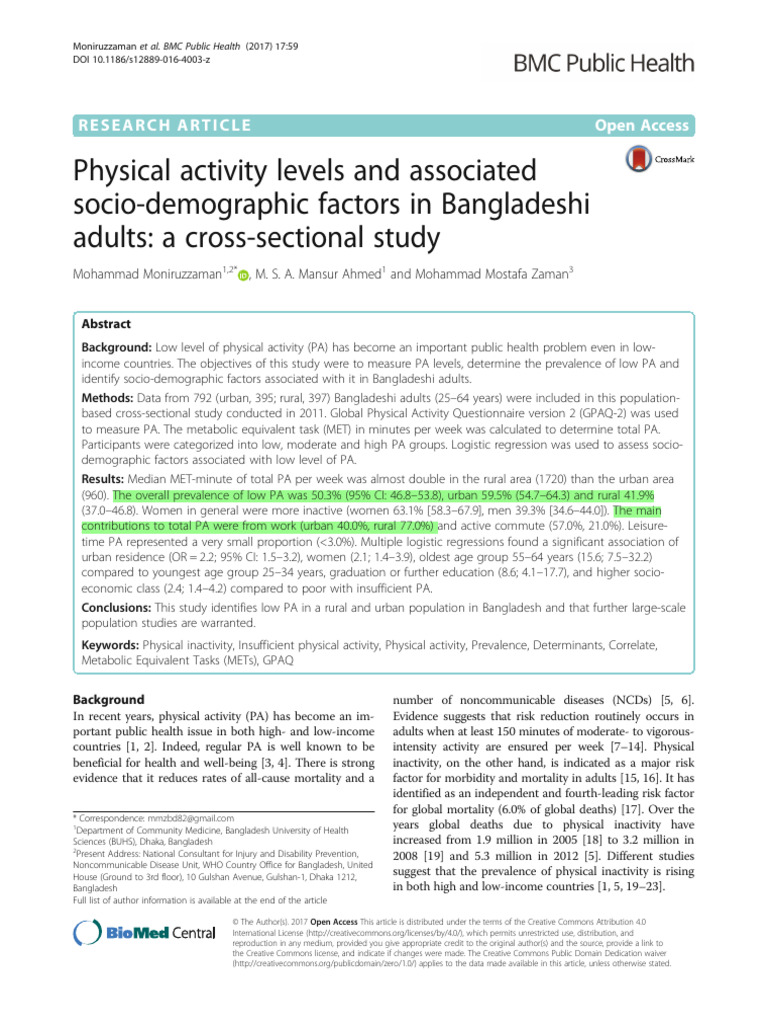 Physical Activity Levels and Associated Socio Demographic Factors | PDF ...
