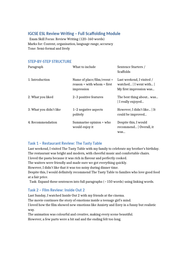 IGCSE ESL Review Writing Full Scaffolding Module | PDF