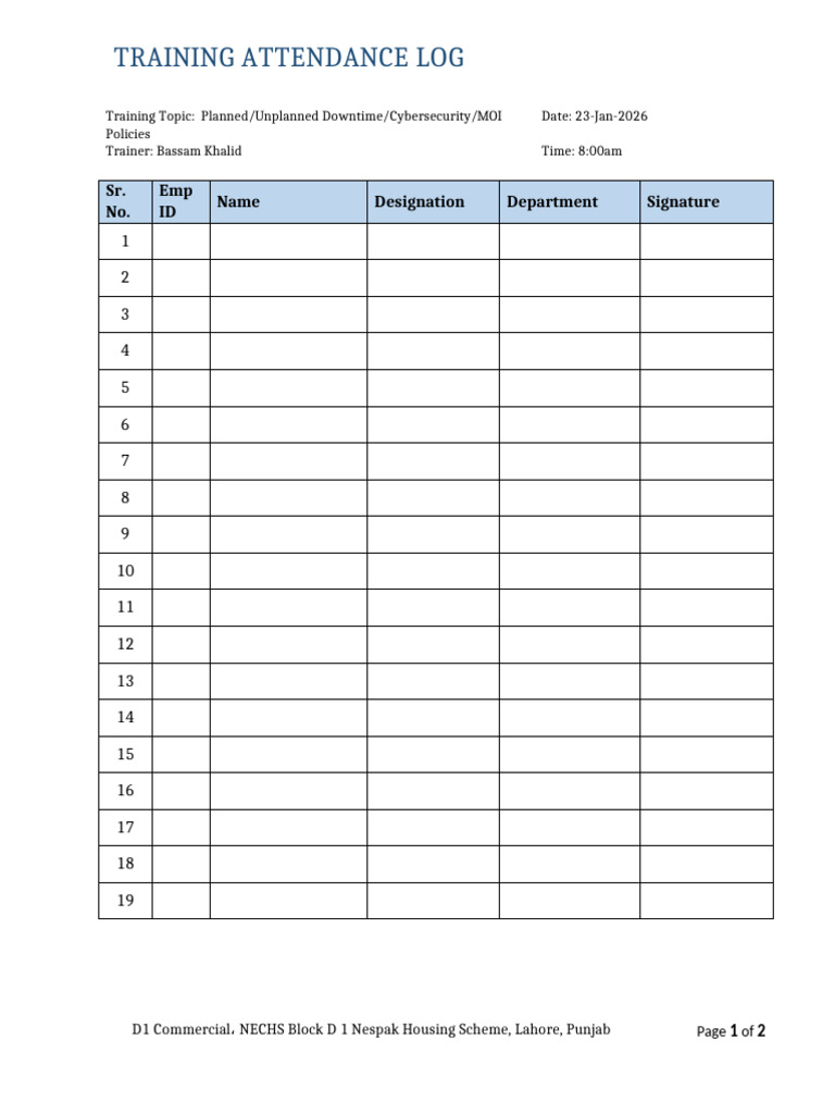 Training Attendance Log | PDF