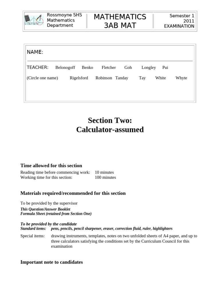 3A MAT Sem 1 2011 CALC Edited | PDF | Asymptote | Function (Mathematics)