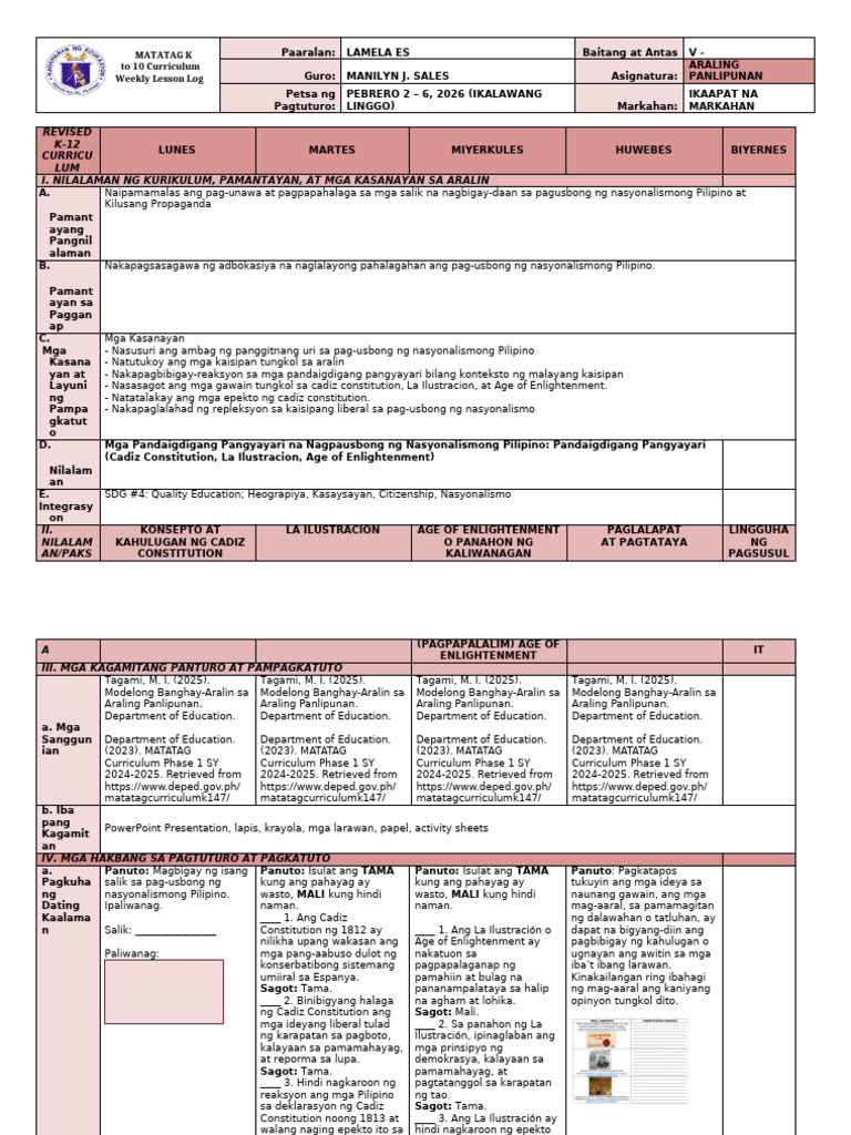 Matatag K To 10 Curriculum Weekly Lesson Log | PDF