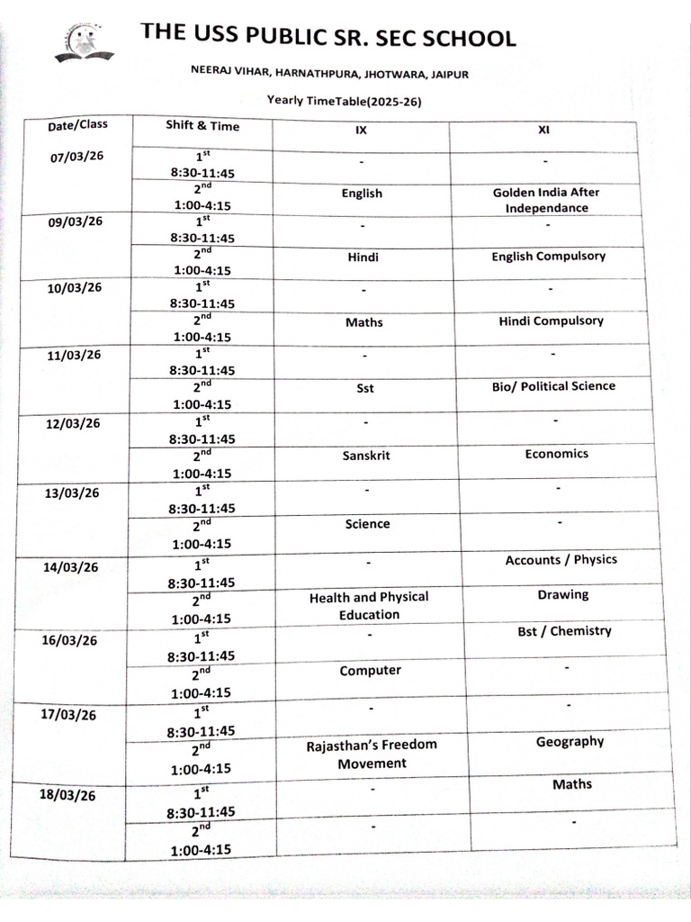 Yearly Exam Time Table of Class - 9,11 | PDF