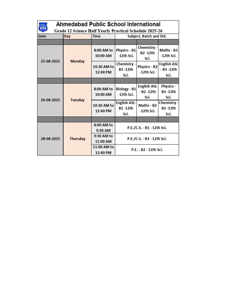 Half Yearly Practical Time Table - 12th Science - 2025-26 | PDF