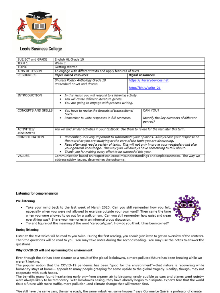 English HL Grade 10 Term 1 Week 1 - 2021 EDITED | PDF | Poetry ...