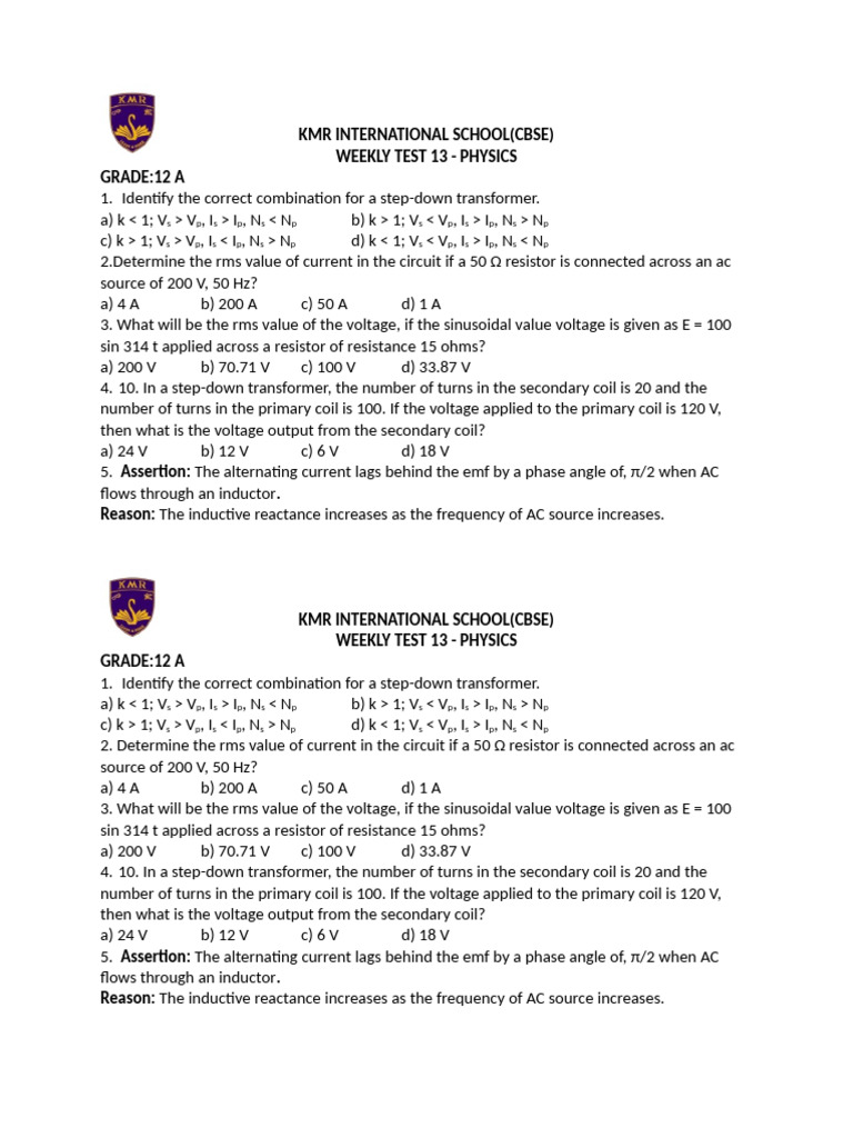 12th Weekly Test 11 | PDF
