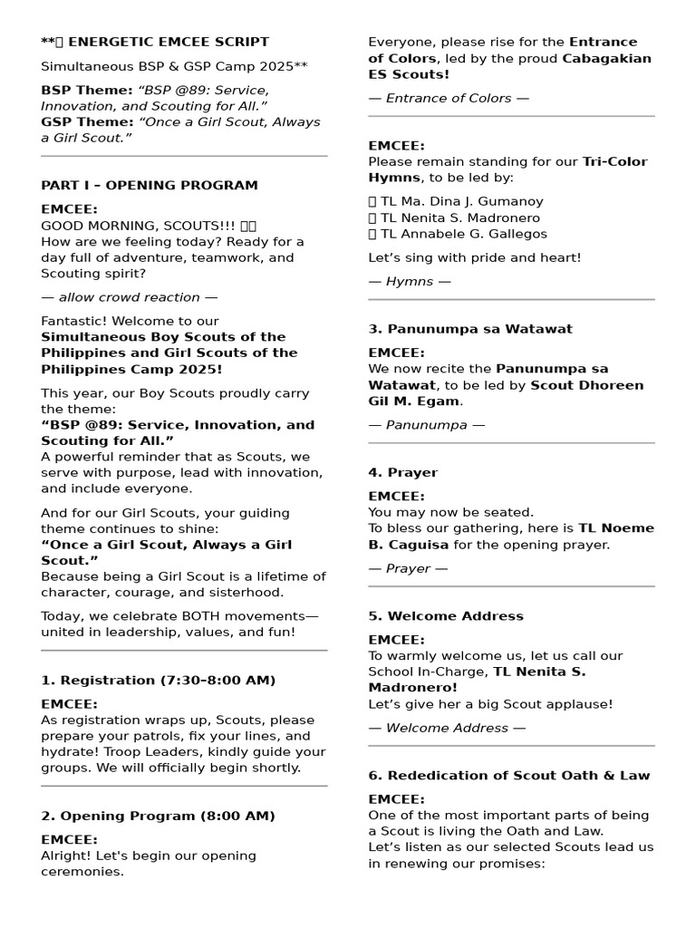 ? Energetic Emcee Script | PDF | Scouting | Youth Movements