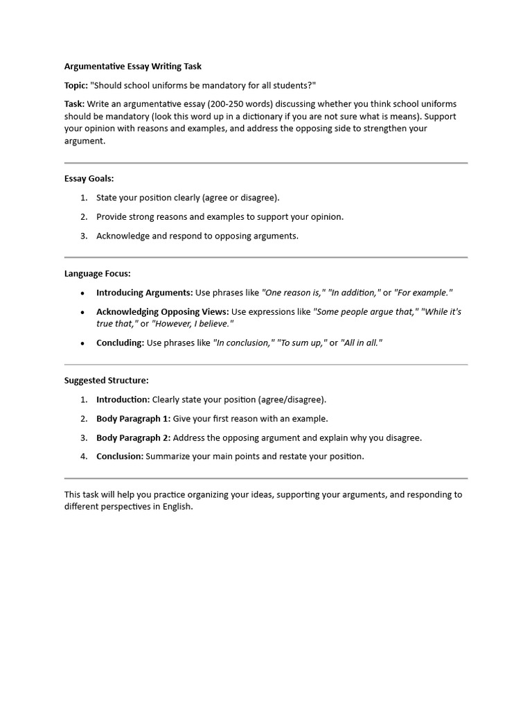 Argumentative Essay Writing Task | PDF