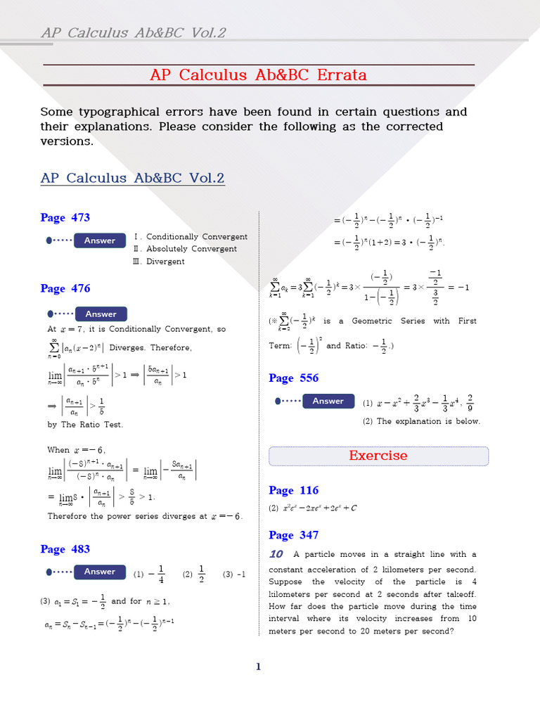 Albert AP Calculus 7th Ed Errata | PDF
