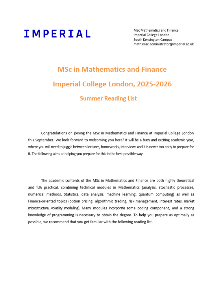 MSC Maths Finance Imperial Pre Course 2025 2026 | PDF | C++ | Mathematics