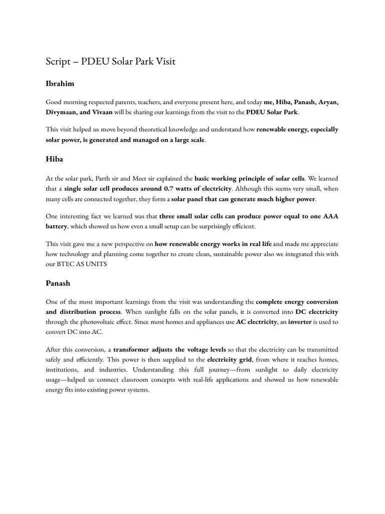 Script - PDEU Solar Park Visit | PDF | Photovoltaics | Solar Power