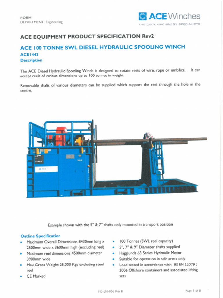 ACE 1442 100t SWL Diesel Hydraulic Spooling Winch Specification Rev 2 | PDF