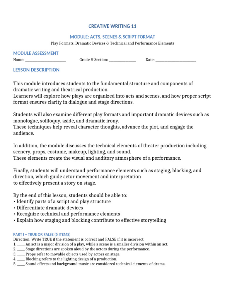 Creative Writing 11 Module Acts Scenes Script Format | PDF | Human ...