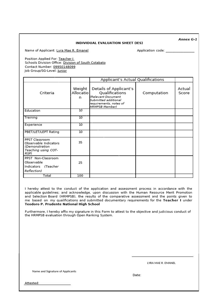 IES Document of Lyra Mae R. Emanel | PDF