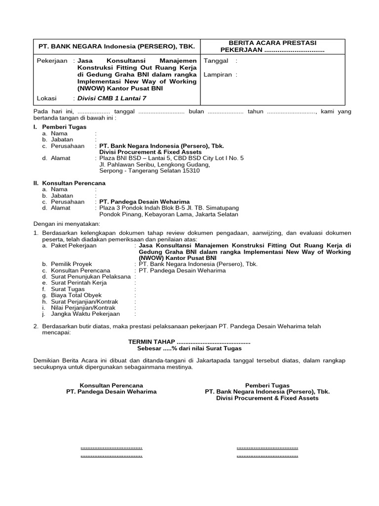 Draft Format BNI - BA Pemeriksaan Prestasi Pekerjaan | PDF